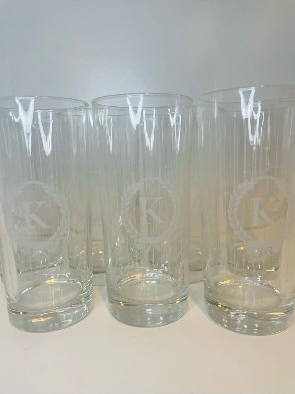 ‘K’ Monogrammed, Classic Clear Etched Highball Glasses - Set of Tall Tumblers,